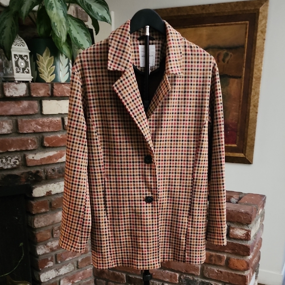 Avec Les Filles Checkered Jacket Blazer Camel Brown Tailored Coat